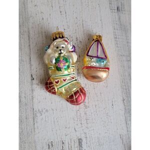 UT blown glass stocking sailboat teddy bear ornament glitter Xmas set